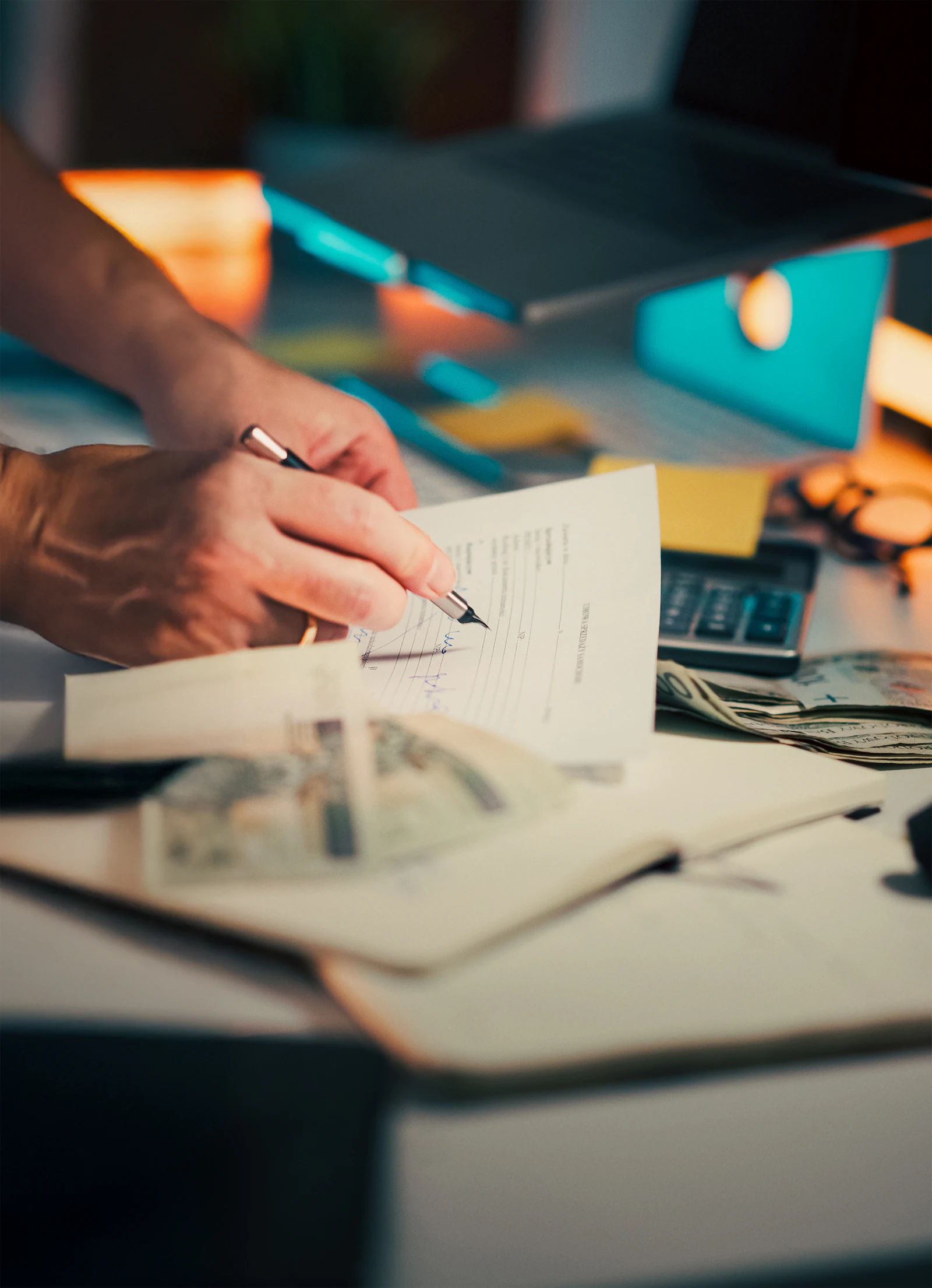 Hands reviewing and signing financial documents at a desk